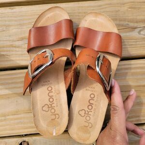 Yokono Womens 7.5 brown Leather Straps & Sock, Cork Sole Sandals